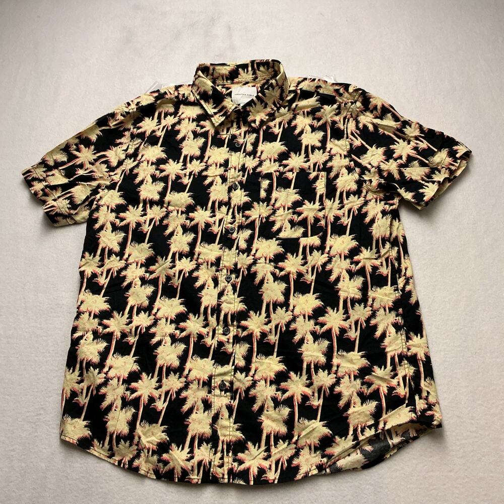 American Eagle Shirt Mens Sz L , Black Yellow Palm Tree Print Button Up , 4050